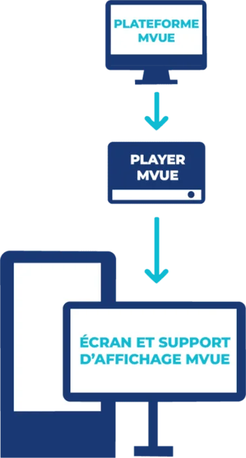 1 - Plateforme Mvue ; 2 - Player Mvue ; 3 - Écran et support d'affichage Mvue